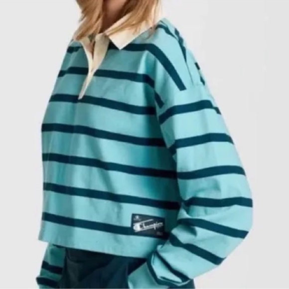 Champion Tops - Champion Striped Long Sleeve Rugby Shirt Collared Size XL